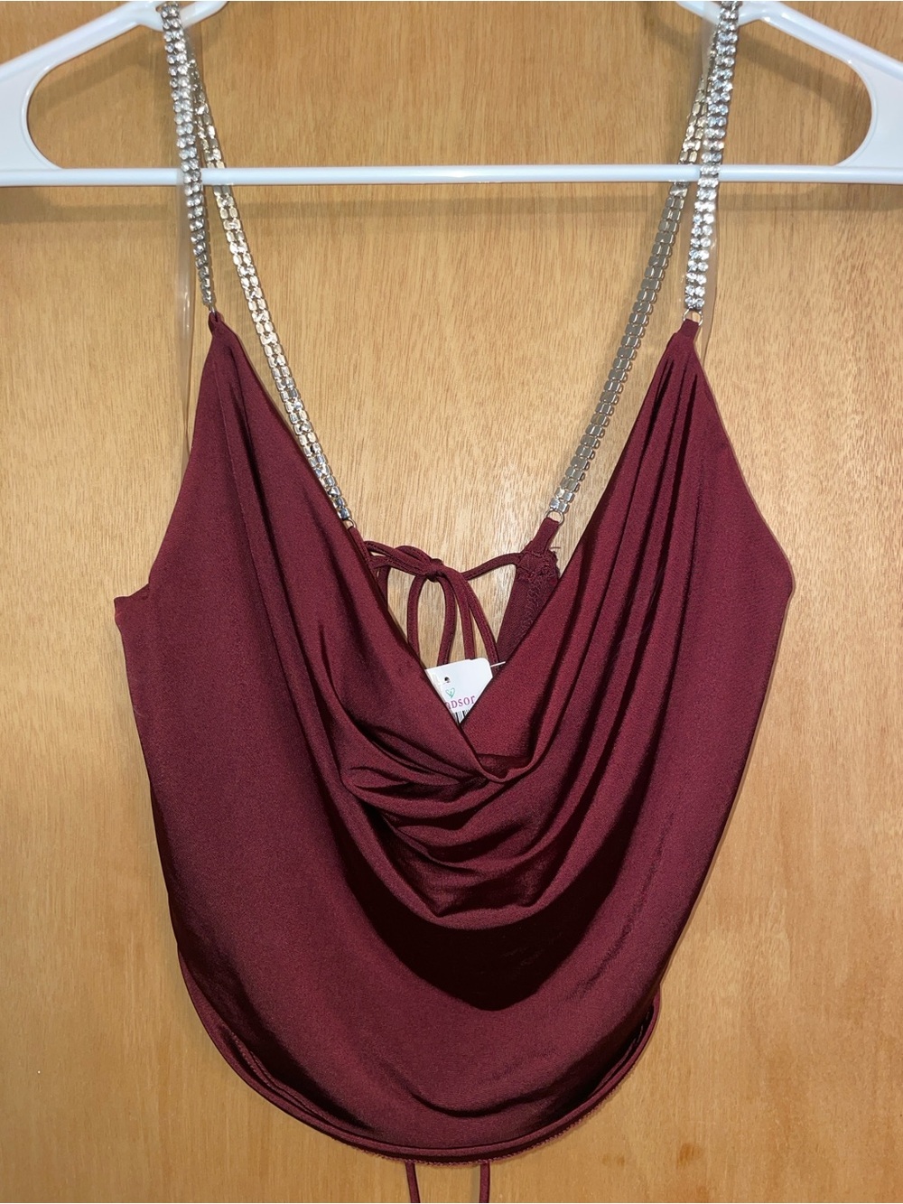 Windsor Burgundy Rhinestone-Strap Lace-Up Crop Top